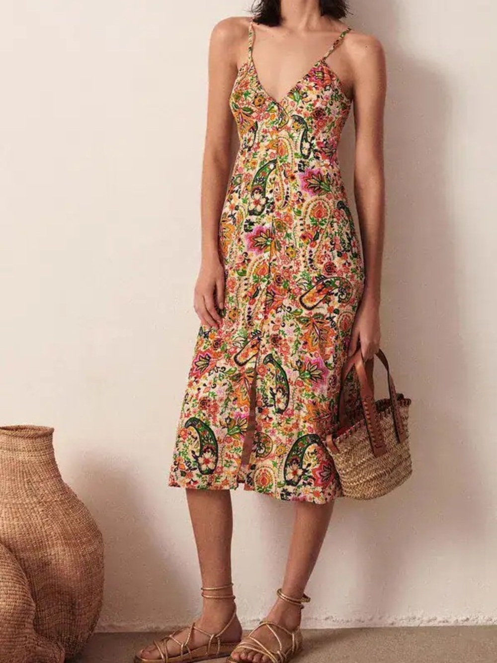 Ba&sh Baila Floral Paisley Floral Button Front Midi Lined Dress Retail- $400